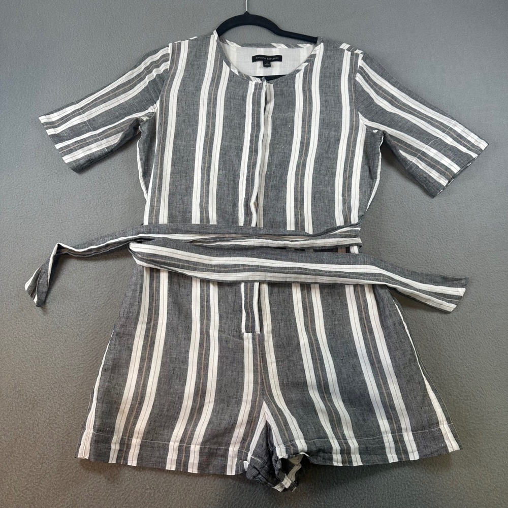 Banana Republic Grey White Striped Linen Blend Short Sleeve Romper Size 4